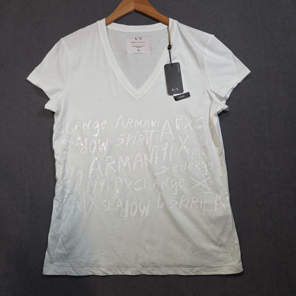 Armani Exchange T-Shirt Womens XL White V-Neck Organic Graphic 6LYT05 YJ8QZ